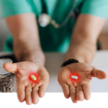 Physician holding up two pills with dangerous red glow representing medical malpractice and medical negligence