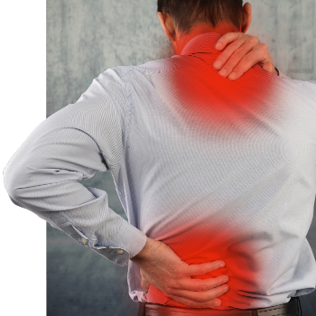 Man in striped shirt with his back to camera holding glowing red pain spots on his neck and lower back