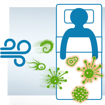 Illustration of stick figure patient lying in hospital bed while air contaminated with green bacteria blows under blanket