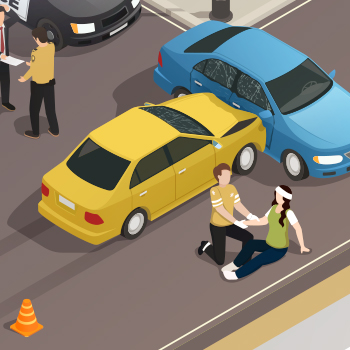 Illustration of woman being treated for head injury at the scene of a car accident