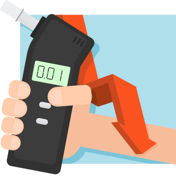 Illustration of hand holding breathalyzer (ignition interlock) with downward trending graph in background