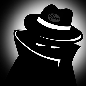 Illustration of shady character with Pfizer logo on hat