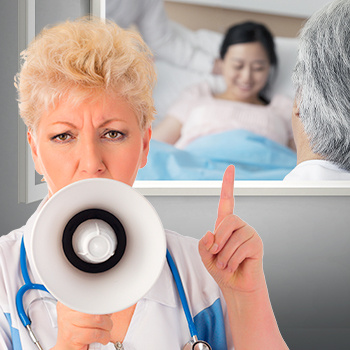 Nurse with upraised finger holding megaphone to speak up for rights of patient in background