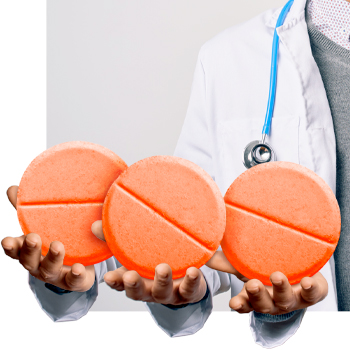 Physician with three hands holding on oversized red pill in each