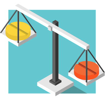 Illustration of scales indicating equal weight of orange and yellow pills