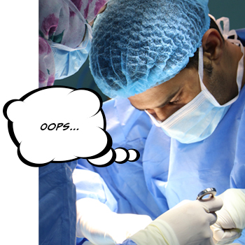 Surgeon in operating room performing procedure with cartoon-style thought bubble that reads, in very small letters, 