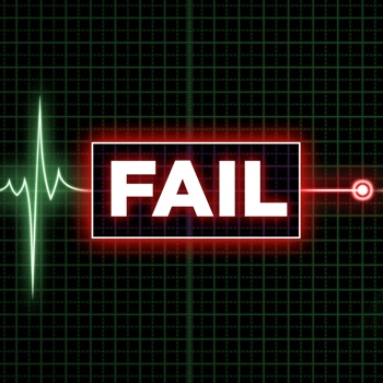 Green EKG screen with glowing 'FAIL' in center