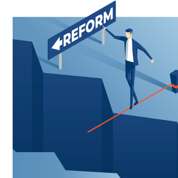 Illustration of man in suit crossing too-short tightrope over chasm trying to get to reform