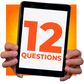 Hands holding out iPad with 12 Questions on screen over an orange background