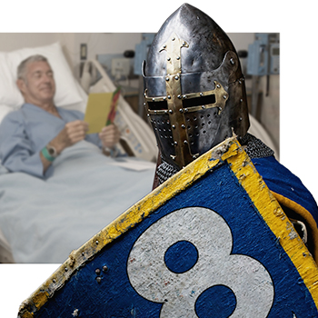 Armored knight protecting patient in hospital bed