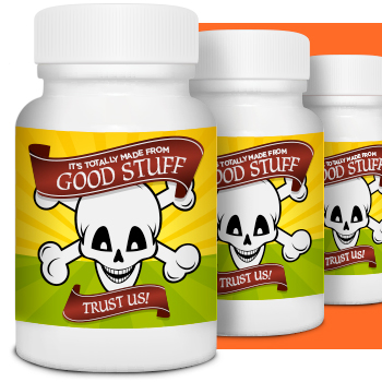 Multiple pill bottles bearing skull with crossbones and 'Trust Us' message on an orange background