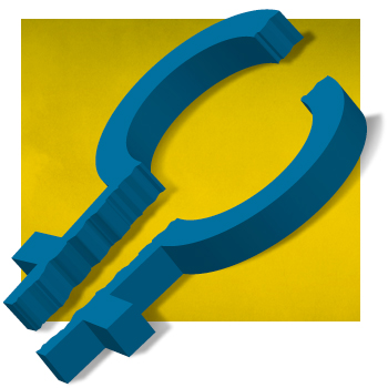 Blue female symbol broken in half with yellow background