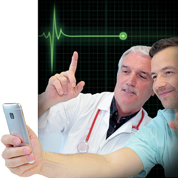 Two physicians taking selfies with flatline EKG in the background