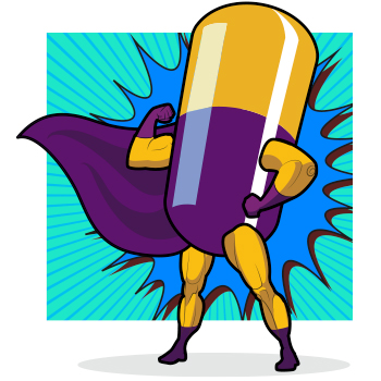 Giant pill portrayed as super hero, wearing purple cape and yellow hero costume