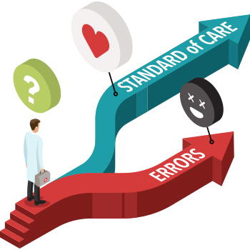 Illustration of physician standing at crossroad of Standard of Care and Medical Errors