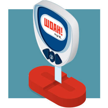 Illustration of blood glucose meter taking sample from bright red statin pill, showing 'woah!' as test result