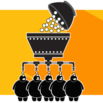 Illustration of giant funnel force-feeding pills to patients, making them obese