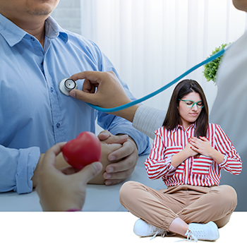 Sad woman with hands over heart in foreground, male patient and cardiologist in background