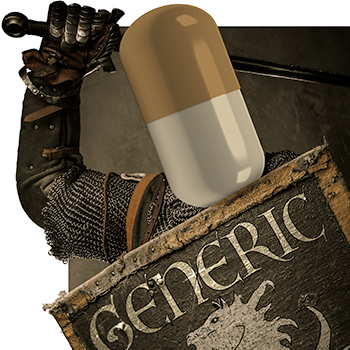 Armored knight with a pill for a head holding shield with 'generic' printed on it