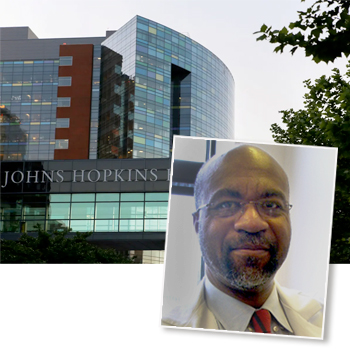 Photo of Nikita Levy laid over photo of Johns Hopkins Hospital