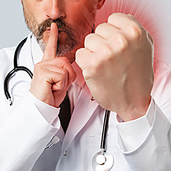 Physician holding up finger of one hand to shush and holding up the other as an oversized fist 