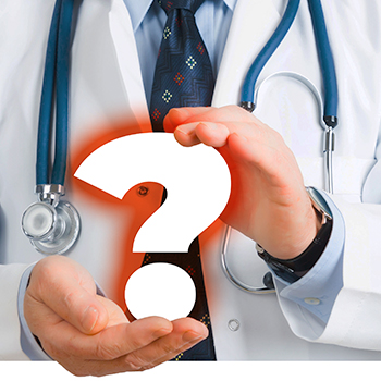 Physician holding out hands around a floating question mark that has deep orange glow
