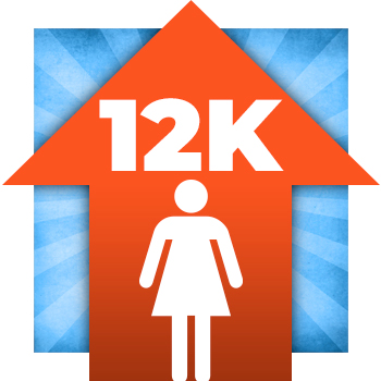 Illustration of bright orange arrow pointing upward with figure of a woman and 12k in white on arrow