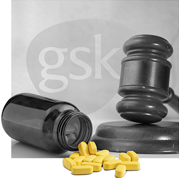 Grayscale image of judge's gavel and overturned pill bottle, with bright yellow pills spilling out and GlaxoSmithKline logo in background