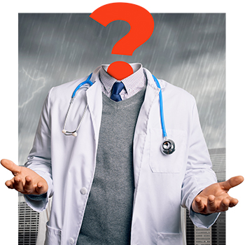 Physician with orange question mark for a head shrugging