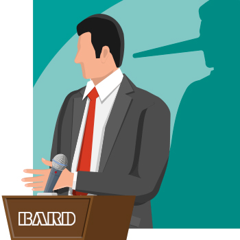 Illustration of man at podium with Bard logo, shadow in background has Pinochio-length nose