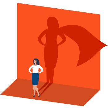 Illustration of businesswoman in front of orange wall with female super hero shadow