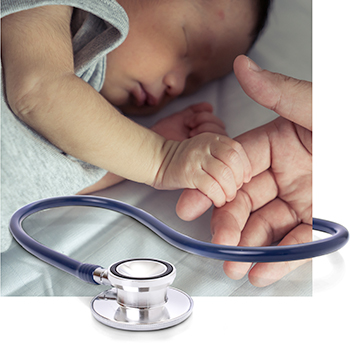 Stethoscope over photo of newborn holding adult hand