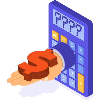Illustration of calculator with questions marks on screen and a hand extended from center with palm up holding an orange dollar sign