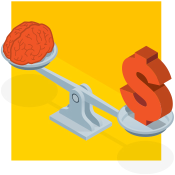 Illustration of a balanced scale, with a human brain on the left and an orange dollar sign on the right