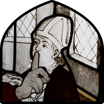 Illustration of stained glass window depicting bishop with finger covering lips in a shushing gesture