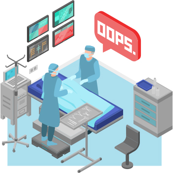 Illustration of operating room with large red thought bubble containing 'oops' over doctor's head