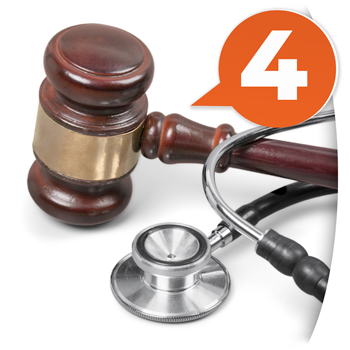gavel, stethoscope, and orange speech bubble with a large white number 4 in it
