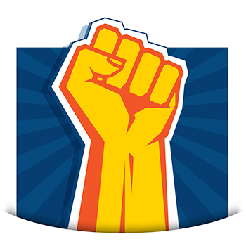 Illustration of a raised fist in yellow and orange over a blue radiating background