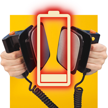 Hands holding black defibrillator paddles over yellow background with red glowing dead battery icon in foreground