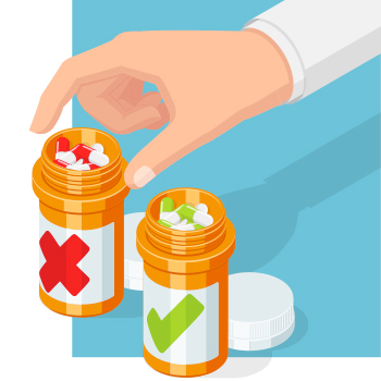 Illustration of pharmacist hand ignoring pill bottle with green check mark on label, instead reaching for pill bottle with red 'X' on label