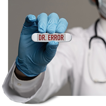 Closeup of surgeon holding electronic name tag that reads 'Dr. Error'