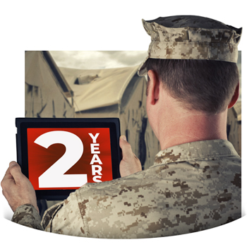 Man in military camo looking t tablet with '2 years' on screen