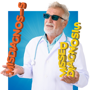 Doctor in dark glasses with blue background holding orange letters that spell 'misdiagnosis in one hand and yellow letters spelling 'missed diagnosis' in the other
