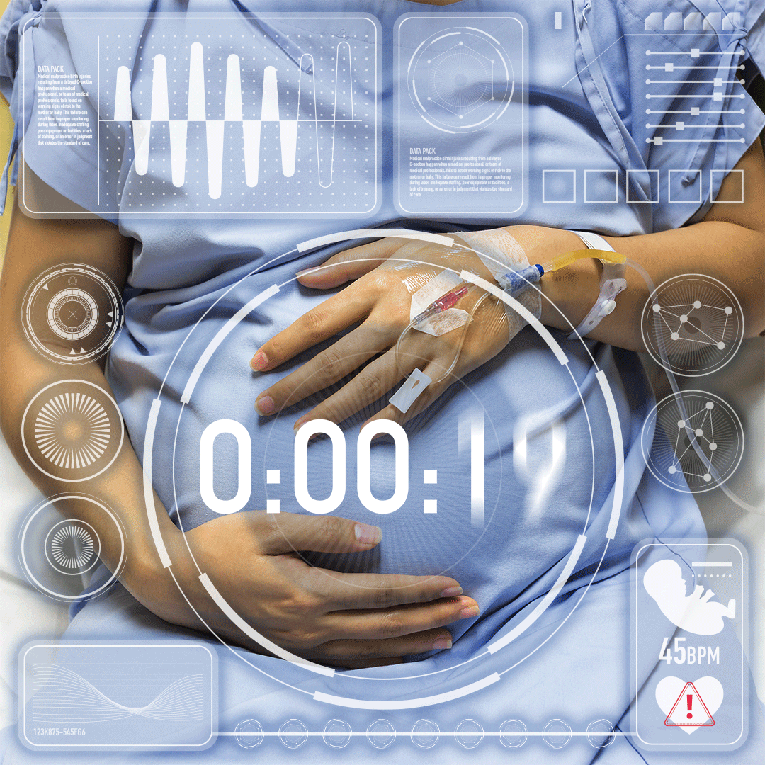 Pregnant woman in hospital bed with overlay of medical technical data and digital clock counting down