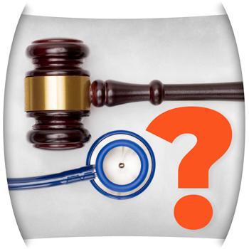 Stethoscope, gavel and large orange question mark