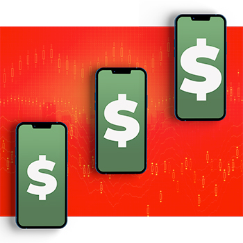 Three phones showing differnt sized dollar signs on an orange background of varied data