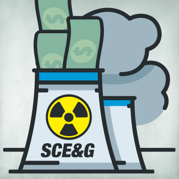 Illustration of nuclear power plant with SCE&G logo sucking up money