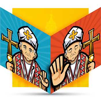Illustration of two catholic bishops–one humble, the other arrogant–over yellow tinted image of the vatican