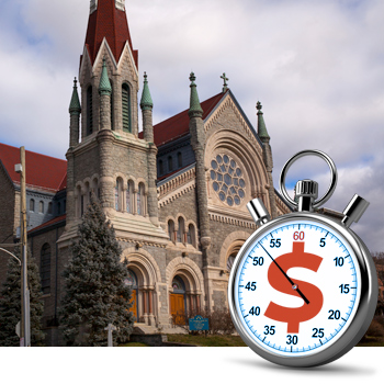 Catholic church photo ;stopwatch with dollar sign on face in foreground