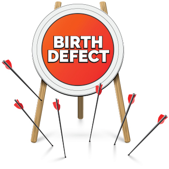 Archery target with large text that reads 'birth defects' surrounded by arrows stuck in ground